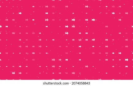 Seamless background pattern of evenly spaced white gold fish symbols of different sizes and opacity. Vector illustration on pink background with stars