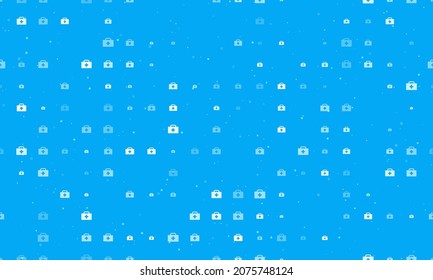 Seamless background pattern of evenly spaced white first aid symbols of different sizes and opacity. Vector illustration on light blue background with stars