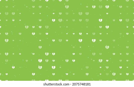 Seamless background pattern of evenly spaced white broken heart symbols of different sizes and opacity. Vector illustration on light green background with stars