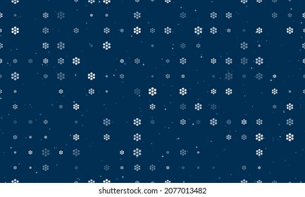 Seamless background pattern of evenly spaced white hive symbols of different sizes and opacity. Vector illustration on dark blue background with stars