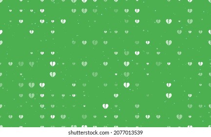 Seamless background pattern of evenly spaced white broken heart symbols of different sizes and opacity. Vector illustration on green background with stars