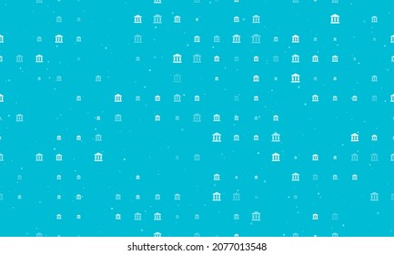 Seamless background pattern of evenly spaced white bank symbols of different sizes and opacity. Vector illustration on cyan background with stars