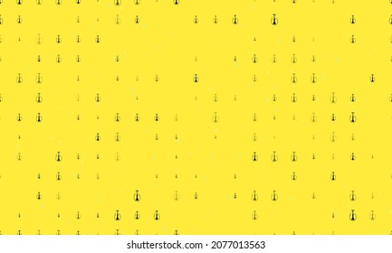 Seamless background pattern of evenly spaced black hookah symbols of different sizes and opacity. Vector illustration on yellow background with stars