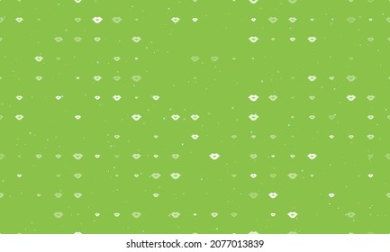 Seamless background pattern of evenly spaced white lips symbols of different sizes and opacity. Vector illustration on light green background with stars