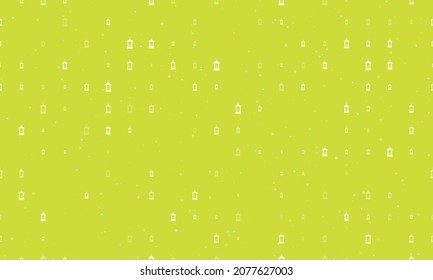 Seamless background pattern of evenly spaced white Christmas lanterns of different sizes and opacity. Vector illustration on lime background with stars