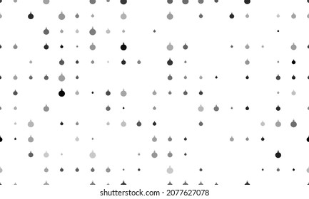 Seamless background pattern of evenly spaced black Christmas tree toys of different sizes and opacity. Vector illustration on white background