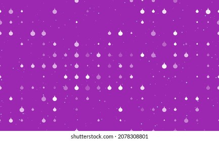 Seamless background pattern of evenly spaced white Christmas tree toys of different sizes and opacity. Vector illustration on purple background with stars