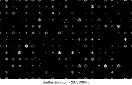 Seamless background pattern of evenly spaced white hive symbols of different sizes and opacity. Vector illustration on black background with stars