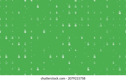 Seamless background pattern of evenly spaced white 5G symbols of different sizes and opacity. Vector illustration on green background with stars