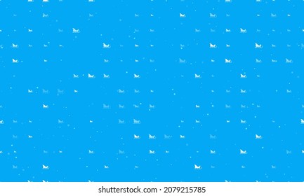 Seamless background pattern of evenly spaced white sleigh symbols of different sizes and opacity. Vector illustration on light blue background with stars