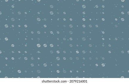 Seamless background pattern of evenly spaced white cancer zodiac symbols of different sizes and opacity. Vector illustration on blue grey background with stars