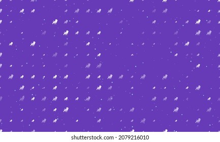Seamless background pattern of evenly spaced white lion symbols of different sizes and opacity. Vector illustration on deep purple background with stars