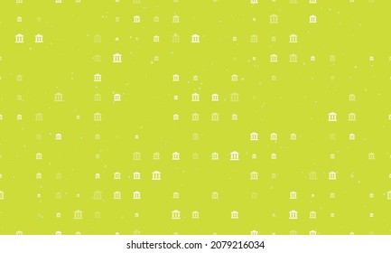 Seamless background pattern of evenly spaced white bank symbols of different sizes and opacity. Vector illustration on lime background with stars