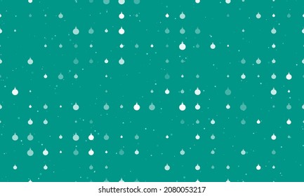 Seamless background pattern of evenly spaced white Christmas tree toys of different sizes and opacity. Vector illustration on teal background with stars