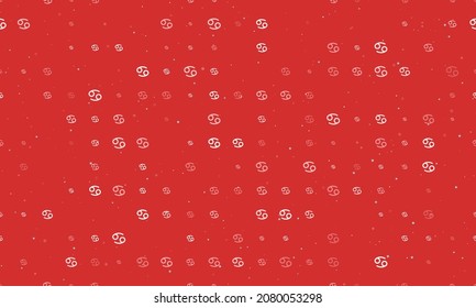 Seamless background pattern of evenly spaced white cancer zodiac symbols of different sizes and opacity. Vector illustration on red background with stars
