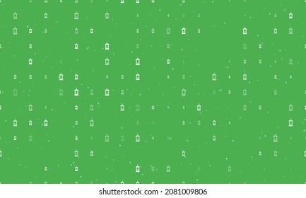 Seamless background pattern of evenly spaced white Christmas lanterns of different sizes and opacity. Vector illustration on green background with stars