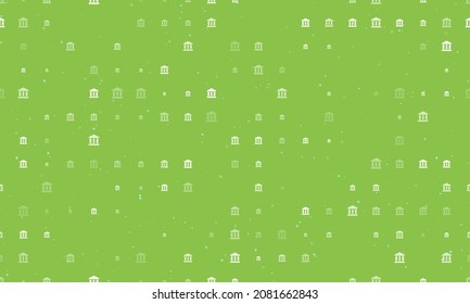 Seamless background pattern of evenly spaced white bank symbols of different sizes and opacity. Vector illustration on light green background with stars