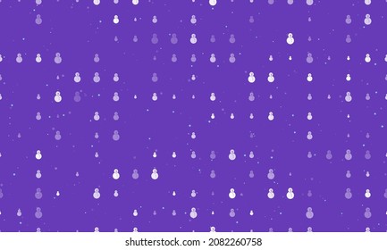 Seamless background pattern of evenly spaced white Christmas snowmans of different sizes and opacity. Vector illustration on deep purple background with stars