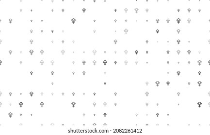 Seamless background pattern of evenly spaced black astrological pluto symbols of different sizes and opacity. Vector illustration on white background