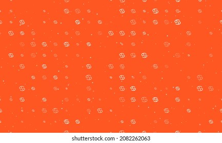 Seamless background pattern of evenly spaced white cancer zodiac symbols of different sizes and opacity. Vector illustration on deep orange background with stars
