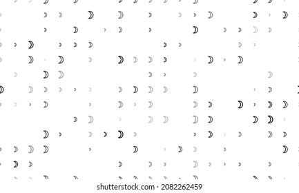 Seamless background pattern of evenly spaced black moon astrological symbols of different sizes and opacity. Vector illustration on white background