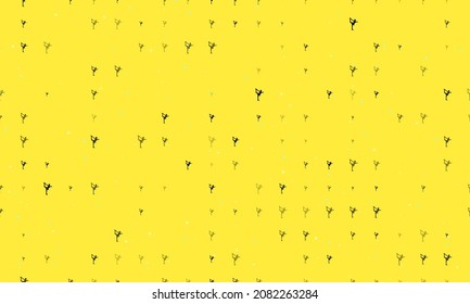 Seamless background pattern of evenly spaced black figure skating symbols of different sizes and opacity. Vector illustration on yellow background with stars