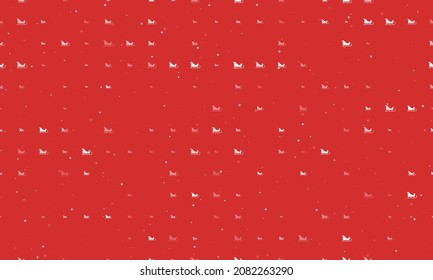 Seamless background pattern of evenly spaced white sleigh symbols of different sizes and opacity. Vector illustration on red background with stars