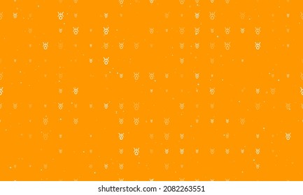 Seamless background pattern of evenly spaced white astrological uranus symbols of different sizes and opacity. Vector illustration on orange background with stars