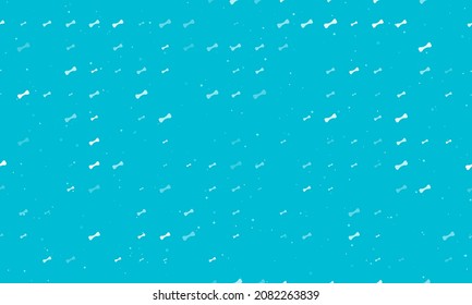 Seamless background pattern of evenly spaced white dog bone symbols of different sizes and opacity. Vector illustration on cyan background with stars