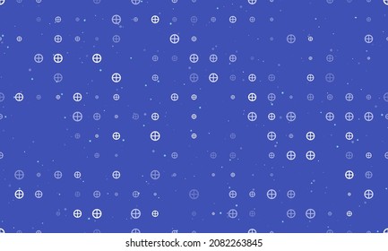 Seamless background pattern of evenly spaced white astrological earth symbols of different sizes and opacity. Vector illustration on indigo background with stars
