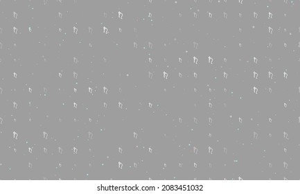 Seamless background pattern of evenly spaced white astrological saturn symbols of different sizes and opacity. Vector illustration on gray background with stars
