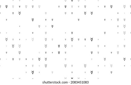 Seamless background pattern of evenly spaced black astrological mercury symbols of different sizes and opacity. Vector illustration on white background
