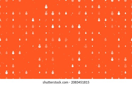 Seamless background pattern of evenly spaced white Christmas snowmans of different sizes and opacity. Vector illustration on deep orange background with stars