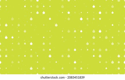 Seamless background pattern of evenly spaced white Christmas tree toys of different sizes and opacity. Vector illustration on lime background with stars