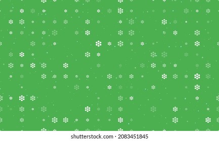 Seamless background pattern of evenly spaced white hive symbols of different sizes and opacity. Vector illustration on green background with stars