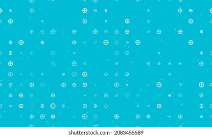 Seamless background pattern of evenly spaced white astrological earth symbols of different sizes and opacity. Vector illustration on cyan background with stars