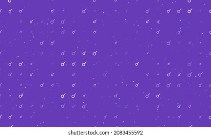 Seamless background pattern of evenly spaced white astrological connection symbols of different sizes and opacity. Vector illustration on deep purple background with stars