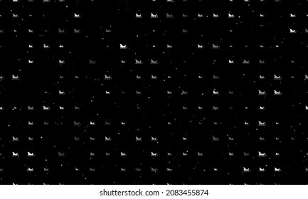 Seamless background pattern of evenly spaced white sleigh symbols of different sizes and opacity. Vector illustration on black background with stars