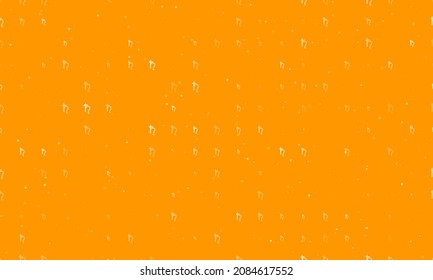Seamless background pattern of evenly spaced white astrological saturn symbols of different sizes and opacity. Vector illustration on orange background with stars