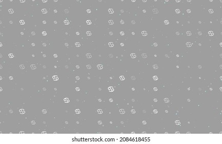 Seamless background pattern of evenly spaced white cancer zodiac symbols of different sizes and opacity. Vector illustration on grey background with stars