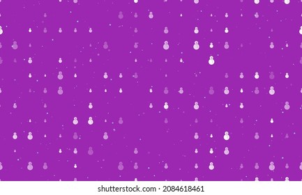 Seamless background pattern of evenly spaced white Christmas snowmans of different sizes and opacity. Vector illustration on purple background with stars