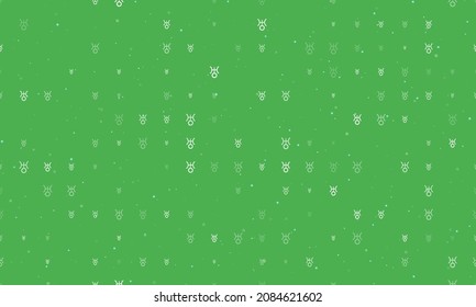 Seamless background pattern of evenly spaced white astrological uranus symbols of different sizes and opacity. Vector illustration on green background with stars
