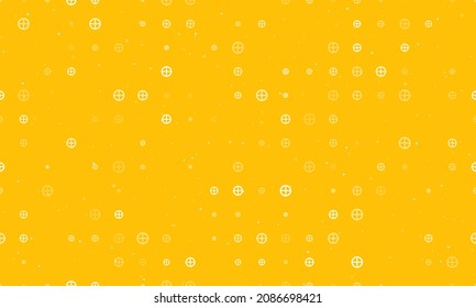Seamless background pattern of evenly spaced white astrological earth symbols of different sizes and opacity. Vector illustration on amber background with stars