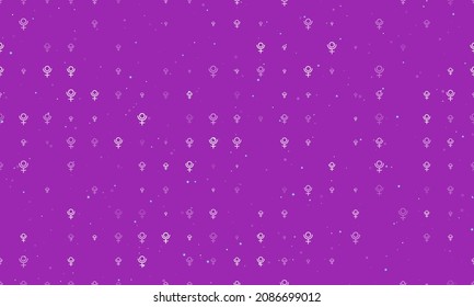 Seamless background pattern of evenly spaced white astrological pluto symbols of different sizes and opacity. Vector illustration on purple background with stars