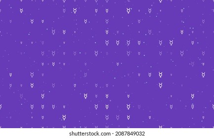 Seamless background pattern of evenly spaced white astrological mercury symbols of different sizes and opacity. Vector illustration on deep purple background with stars