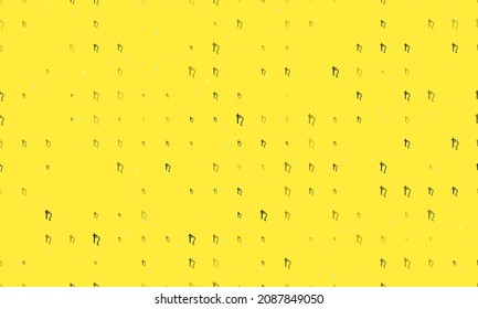 Seamless background pattern of evenly spaced black astrological saturn symbols of different sizes and opacity. Vector illustration on yellow background with stars