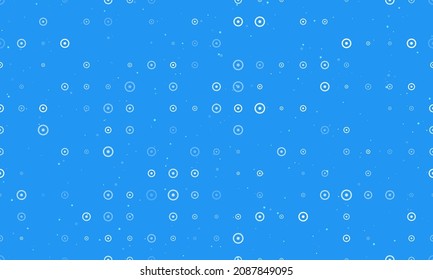 Seamless background pattern of evenly spaced white astrological sun symbols of different sizes and opacity. Vector illustration on blue background with stars