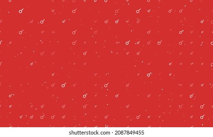 Seamless background pattern of evenly spaced white astrological connection symbols of different sizes and opacity. Vector illustration on red background with stars