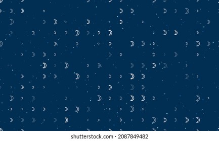 Nahtlose Hintergrundmuster mit gleichmäßig verteilten Astrosymbolen für weißen Mond unterschiedlicher Größe und Deckkraft. Vektorgrafik auf dunkelblauem Hintergrund mit Sternen