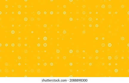 Seamless background pattern of evenly spaced white astrological sun symbols of different sizes and opacity. Vector illustration on amber background with stars